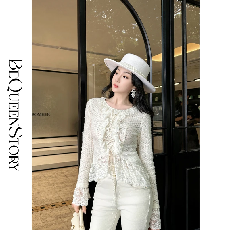 余潇潇【月神舞步】高智淡人穿搭百搭镂空蕾丝花边袖打底衫
