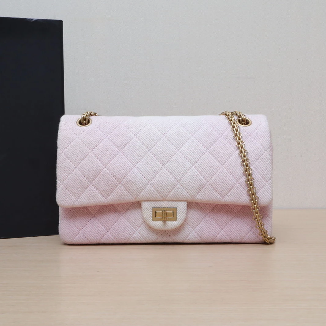 99新 Chanel/香奈儿 【黑黑】2.55 口盖包 大号 粉色 毛呢 27开