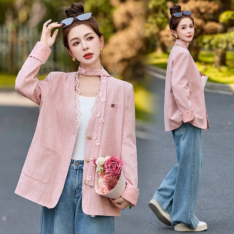 韩版时尚气质温柔风蕾丝拼接宽松小西装外套飘带百搭上衣春装爆款