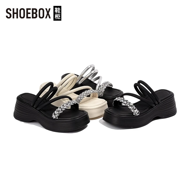 SHOEBOX鞋柜百搭沙滩鞋松糕厚底两穿凉鞋2025夏季增高一字拖女