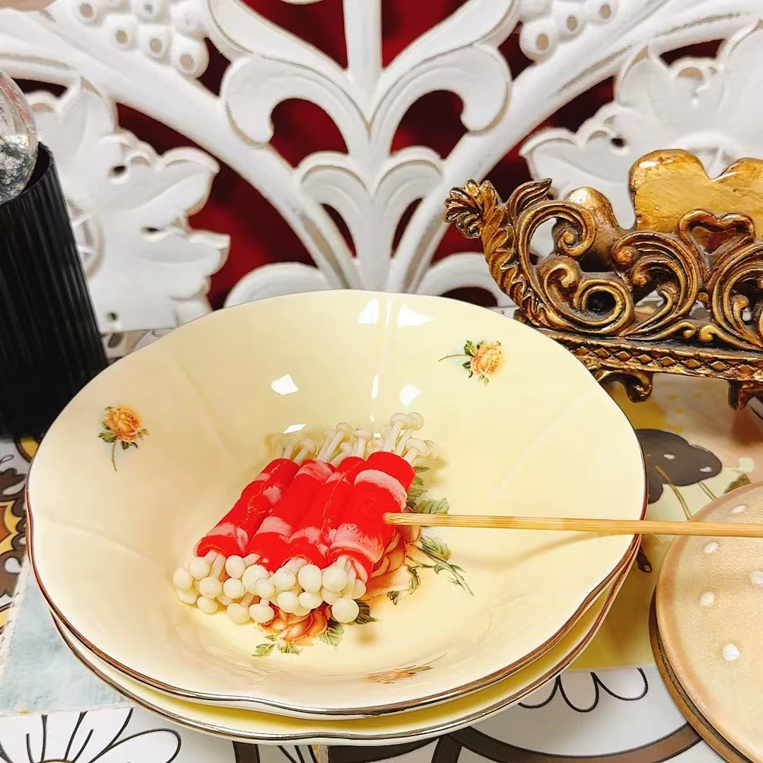 M21陶瓷金边家用瓷盘易清洗餐具欧式黄色7英寸碗瓷釉手工两个装