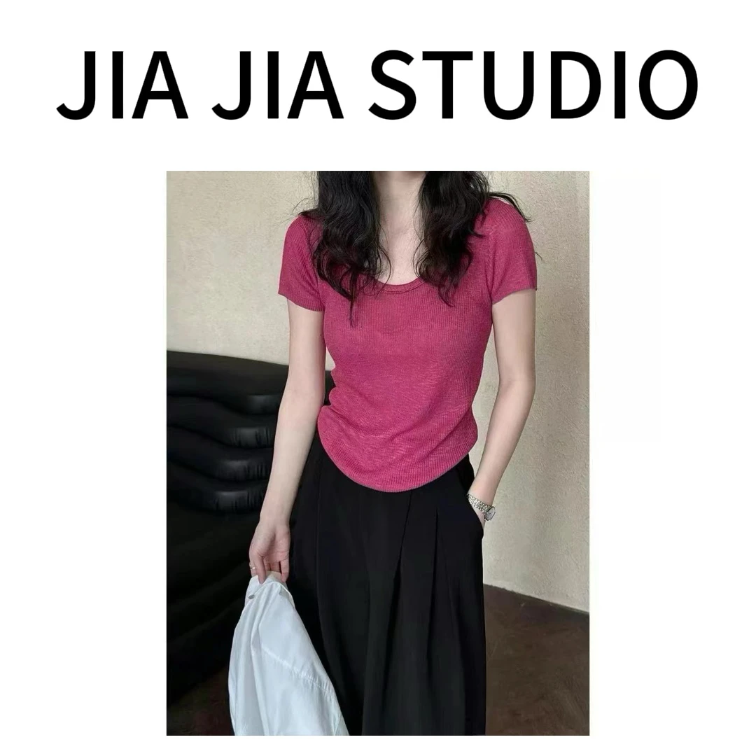 嘉嘉推荐#869【夏款】韩系简约U领针织短袖