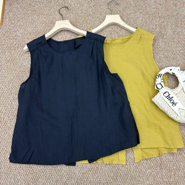 静静推荐 新款后背扣子麻料无袖上衣22c9931