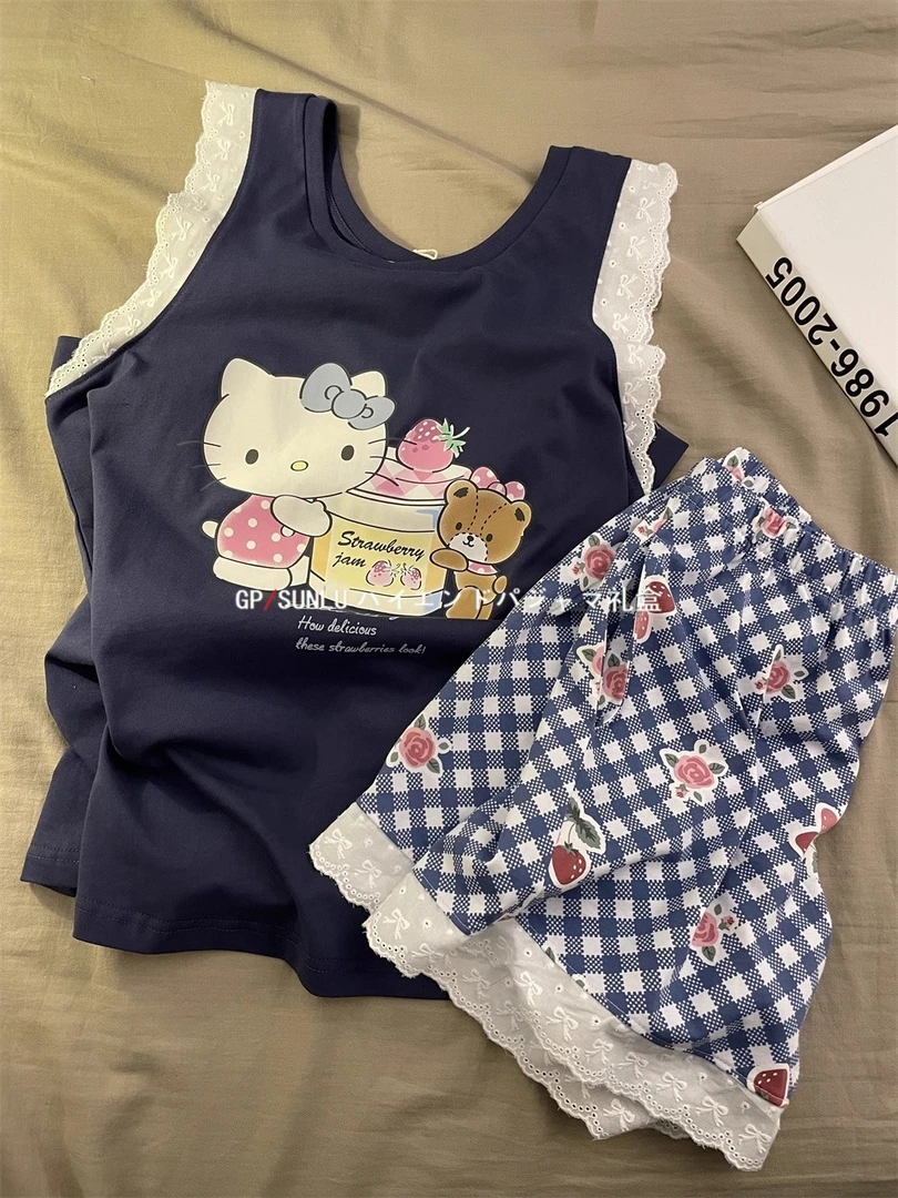 gpsunlu少女甜美可爱猫蕾丝花边睡衣女春夏季新款背心短裤家居服