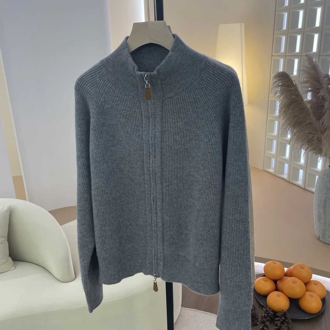 LP同款~100纯山羊绒女士立领双拉链针织开衫外套ADT6135