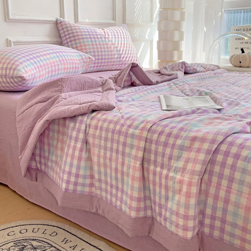 A类精梳全棉水洗棉夏被四套件空调被薄被子简约格子无印风夏凉被