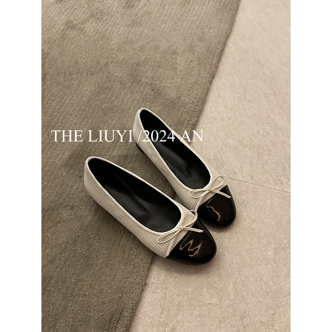 【LIUYI】真皮灯芯绒蝴蝶结撞色小皮鞋6728