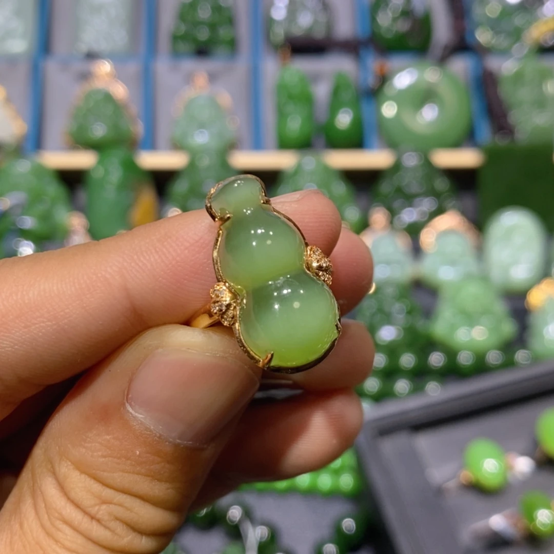 【闪购商品】和田玉吊坠(不含链)18K金镶嵌冰猫眼葫芦戒指