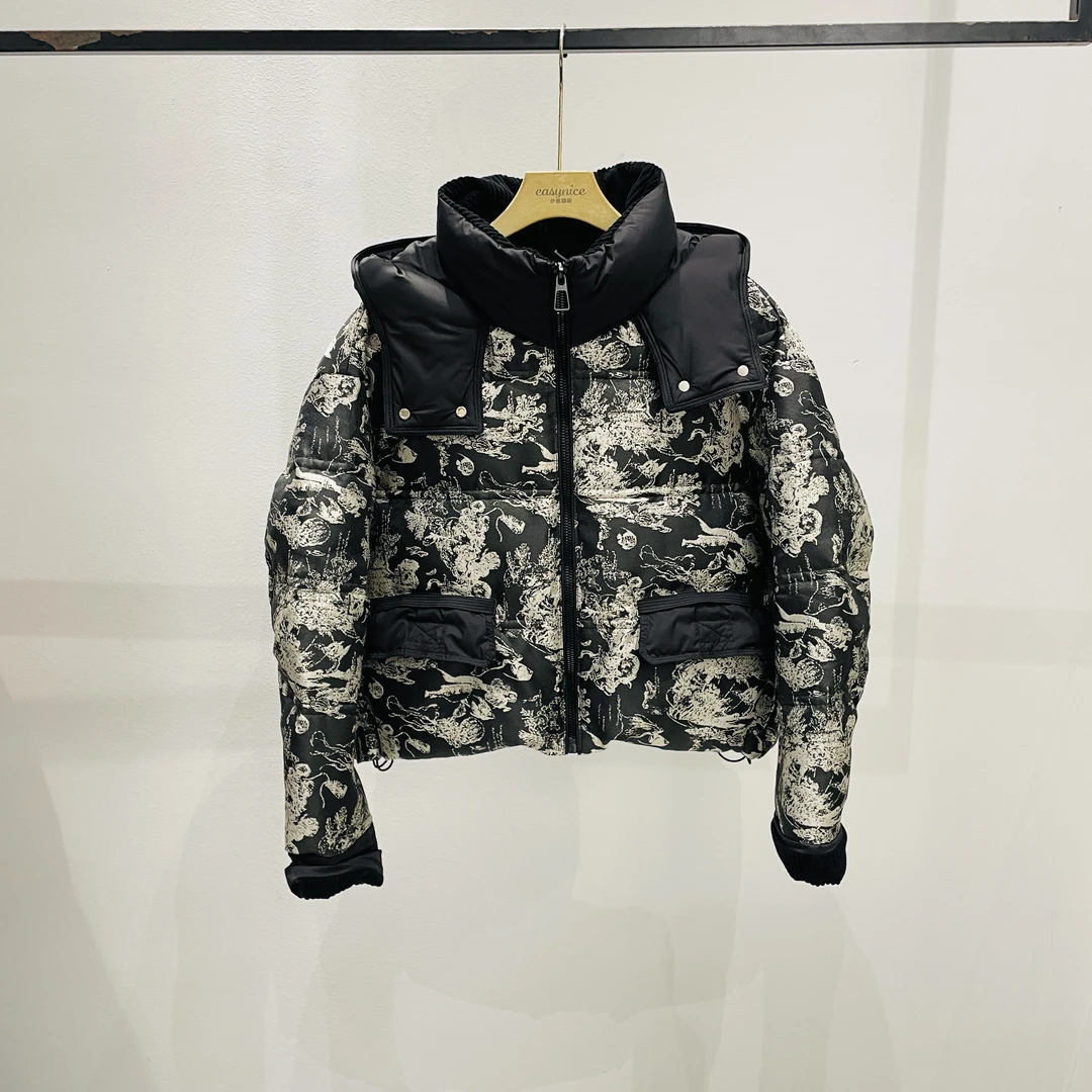 【麦丝】新中式复古国风气质连帽加厚保暖印花羽绒服外套 AW-7031