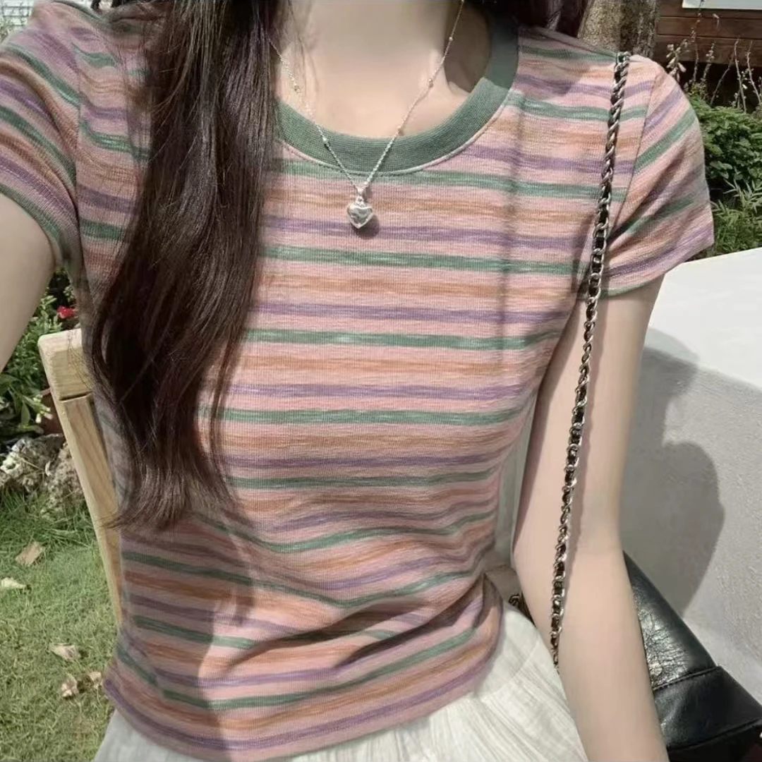 彩虹条纹正肩短袖T恤女2025夏季新款撞色圆领小个子短款bm风上衣