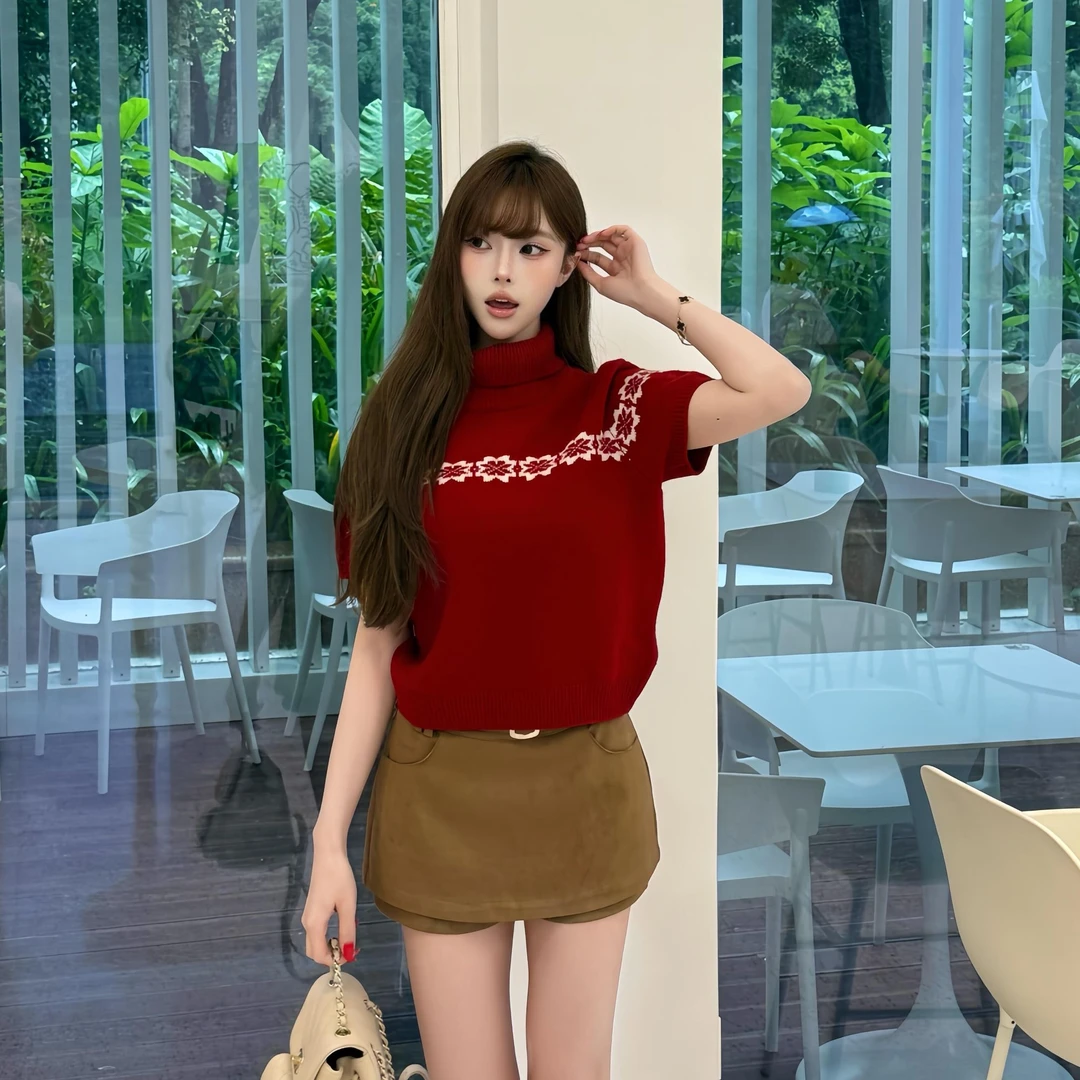 韩系高领短袖针织衫女秋季费尔岛提花红色毛衣宽松显瘦高级感上衣