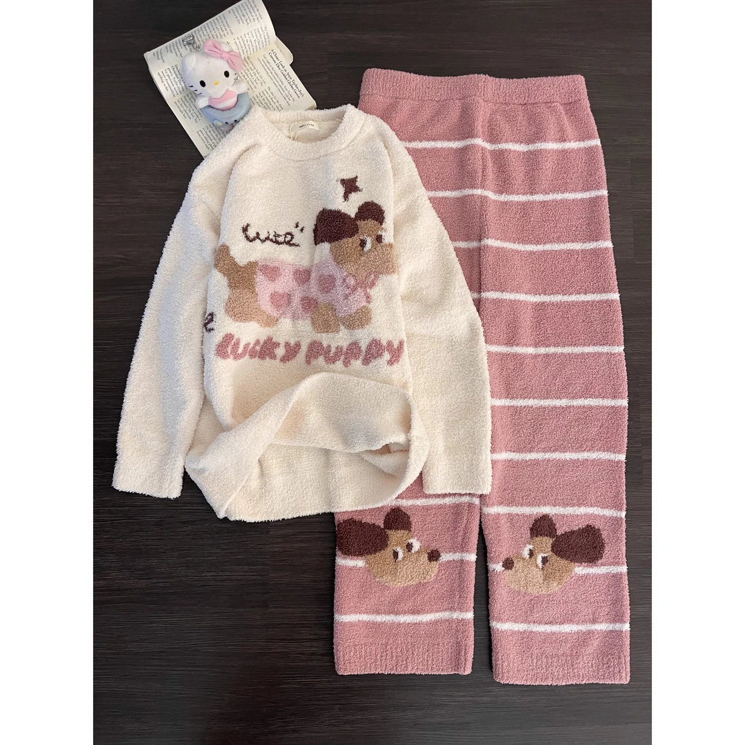 【双十一好物节】甜美卡通小狗睡衣女冬季新款半边绒长裤家居服套装