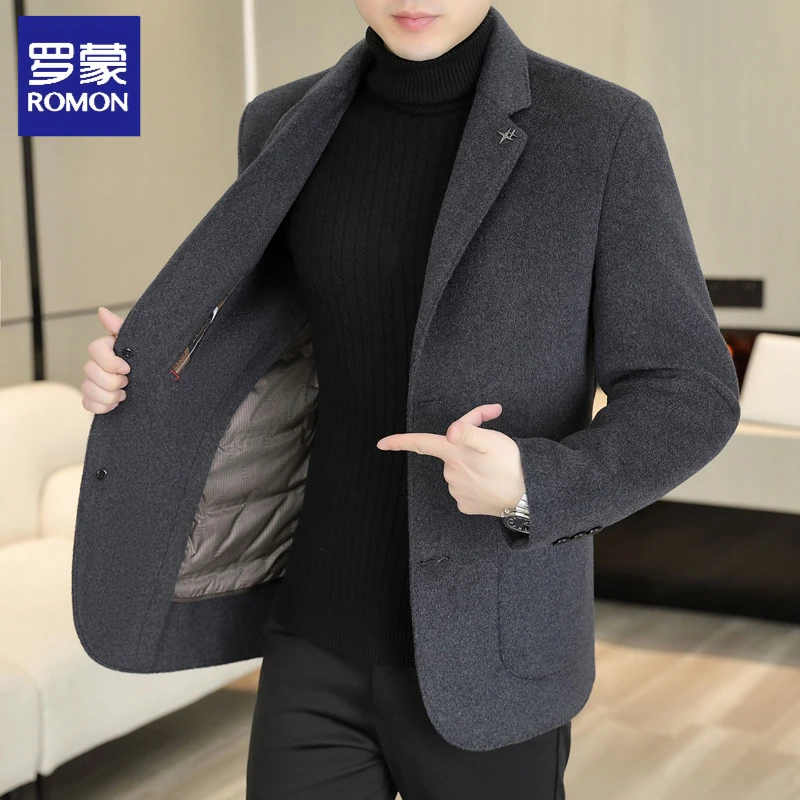 罗蒙秋冬款加厚双面羊毛呢外套男士高级感西装领内胆羽绒短款大衣