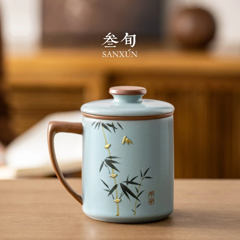 叁旬高档汝窑茶杯陶瓷茶水分离泡茶办公杯子礼盒装送长辈生日礼物