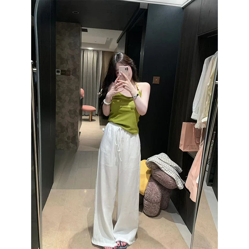 夏季设计简约风修身显瘦针织挂脖U领上衣时尚宽松百搭休闲长裤女