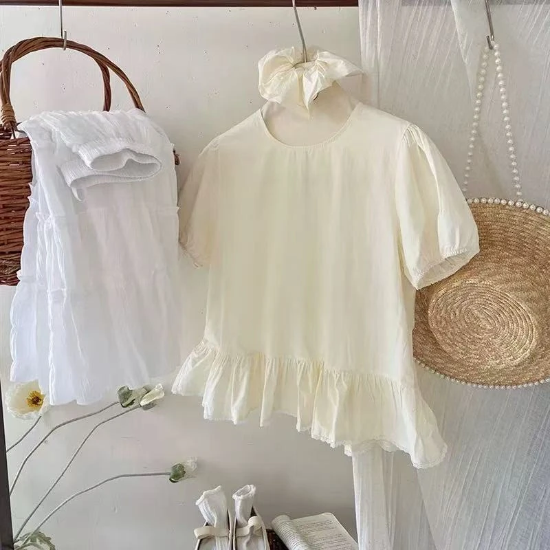 法式圆领蓝色褶皱泡泡短袖娃娃衬衫配头花女春夏季V宽松小裙摆上