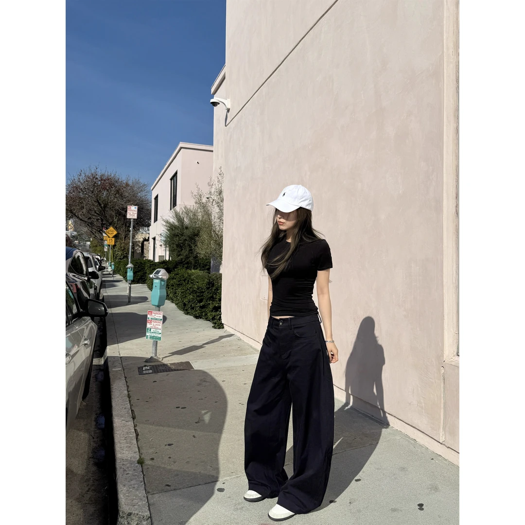 美式藏青色解构弯刀阔腿裤女春夏季高腰显瘦宽松百搭坠感拖地裤子