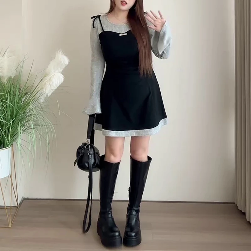 2025早秋新款圆领系扣喇叭袖大码女装显瘦连衣裙T型常规A字裙韩系