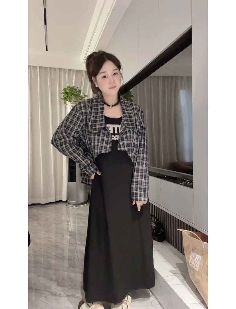 「小吴家」格纹衬衫➕背心裙巨显瘦套装2025秋季微胖mm时髦两件套