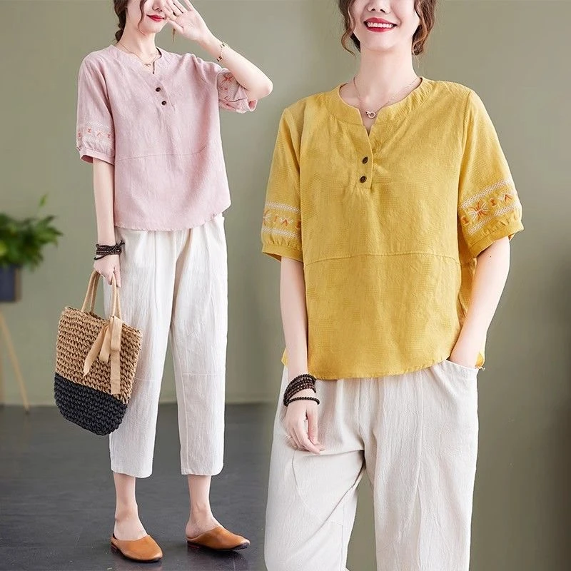 洋气棉麻五分袖新中式轻国风上衣夏装中青年妈妈棉麻套装女
