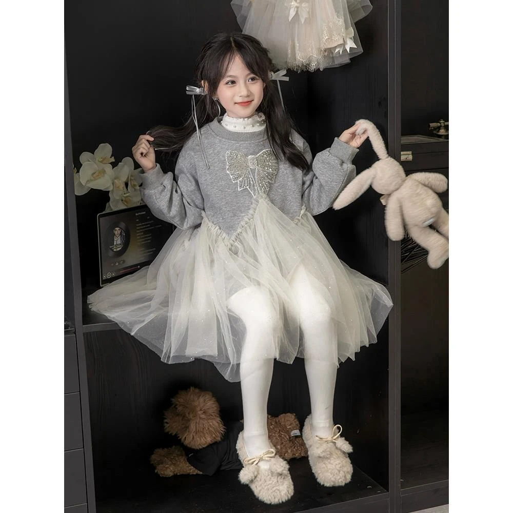 公主裙女童卫衣裙亮片纱网拼接裙子春秋款2025新款儿童潮连衣裙