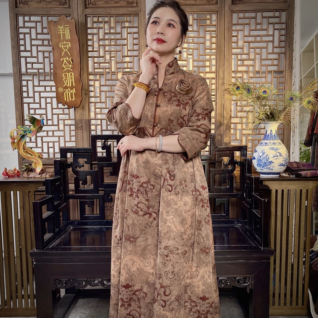 L【龙腾凤舞】新中式立领团花配饰龙凤纹连衣裙 G600486-2