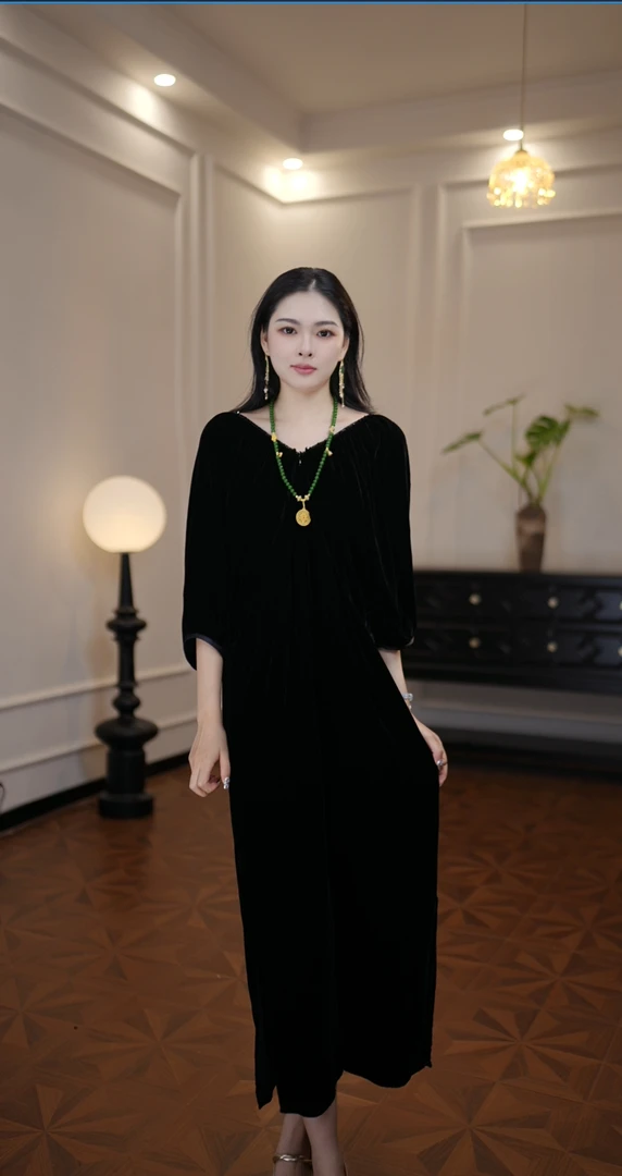 长裙拼接不褪色圆领中长裙连衣裙重磅时尚风美式