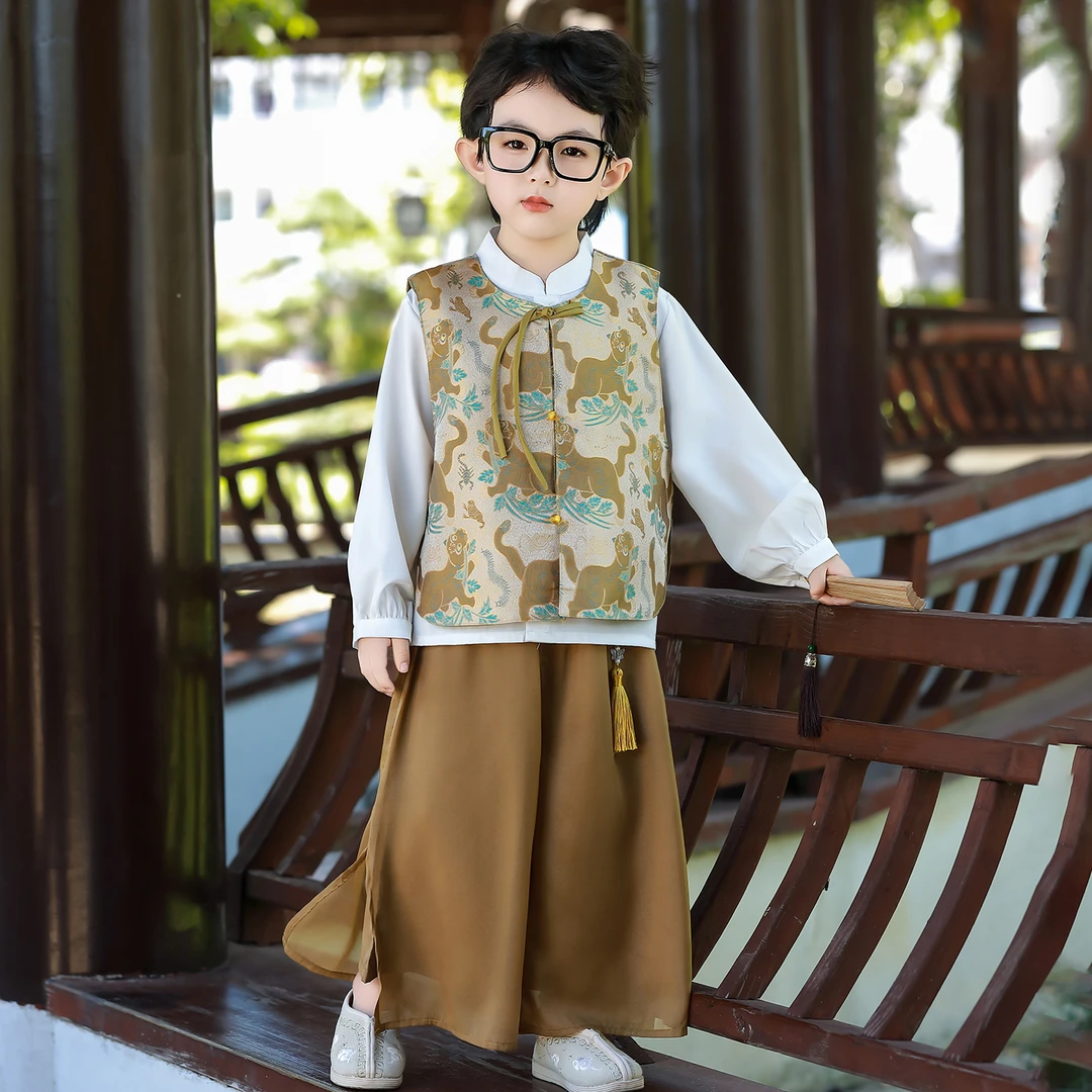 男童秋季日常长袖中式汉服套装2025新款儿童中秋节国风唐装三件套