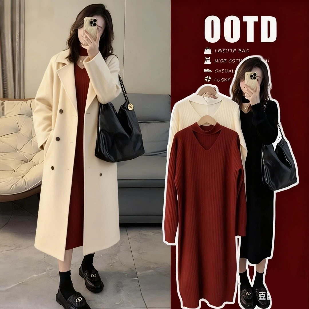 孕妇装秋冬打底连衣裙时尚宽松洋气镂空配大衣中长款针织毛衣裙子