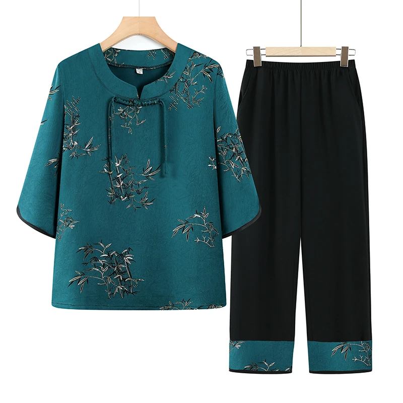 奶奶夏装冰丝套装新中式中老年人女妈妈短袖T恤两件套老太太衣服