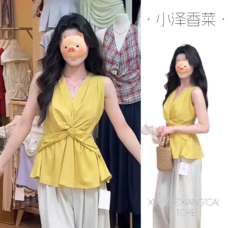 法式黄色V领扭结吊带背心女夏外穿多巴胺穿搭设计感小众无袖上衣