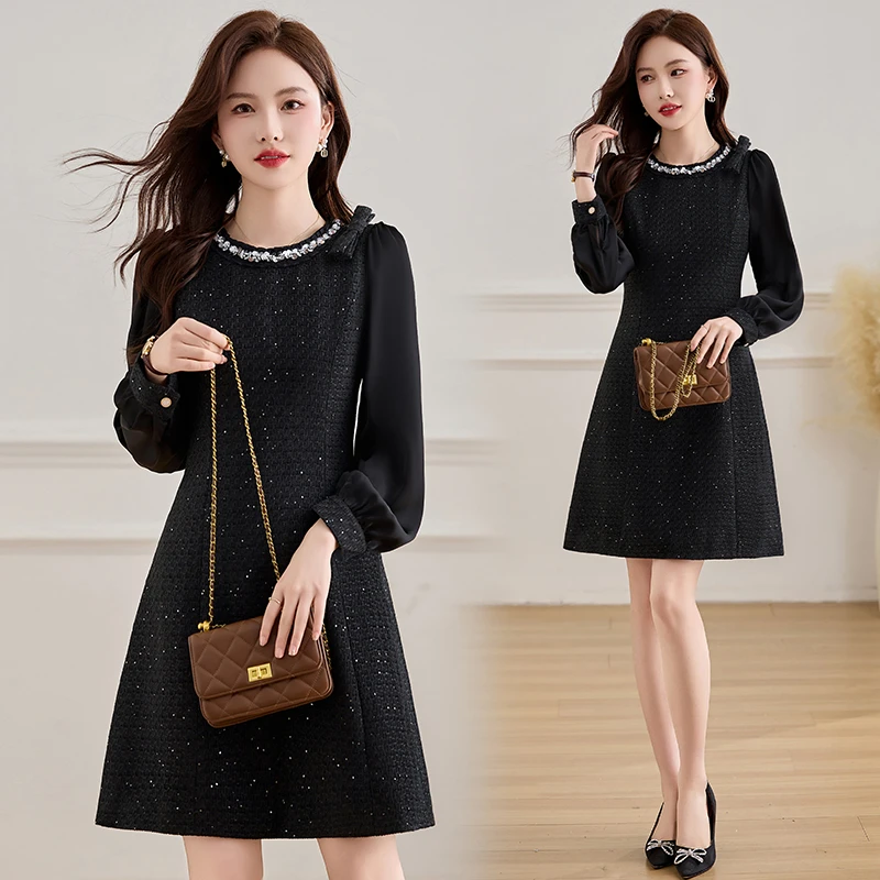 小香风设计感圆领重工亮片连衣裙女2025春季新款名媛拼接收腰裙子