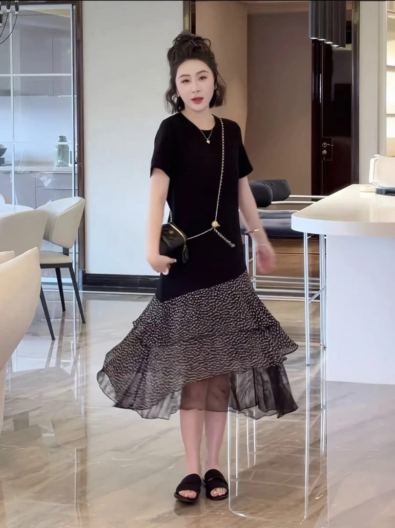 欧洲站不规则法式休闲纸片人拼接大码减龄显瘦连衣裙509