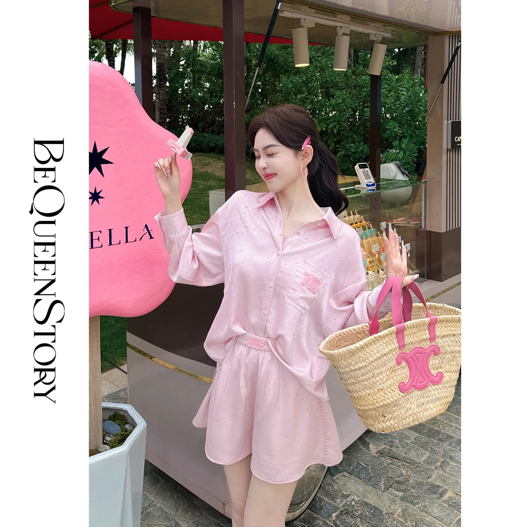 余潇潇【布蕾星光】新款欧若风烫钻露背衬衫&微A短裤套装