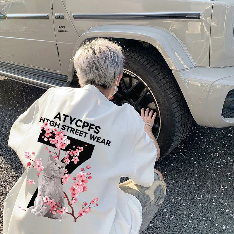 100%纯棉T恤短袖猫咪个性数字印花上衣宽松型夏季潮牌男女装圆领i