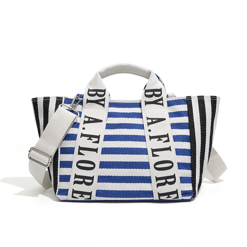 A.FLORE韩国原创帆布包包拼色条纹托特包女手提大包单肩斜挎包