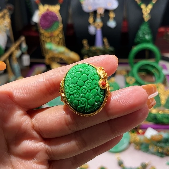 【闪购商品】翡翠戒指银S925镀金镶嵌翡翠