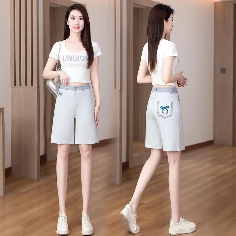 莫兰迪灰天丝窄版牛仔短裤女2025年夏季薄款高腰显瘦阔腿五分裤子