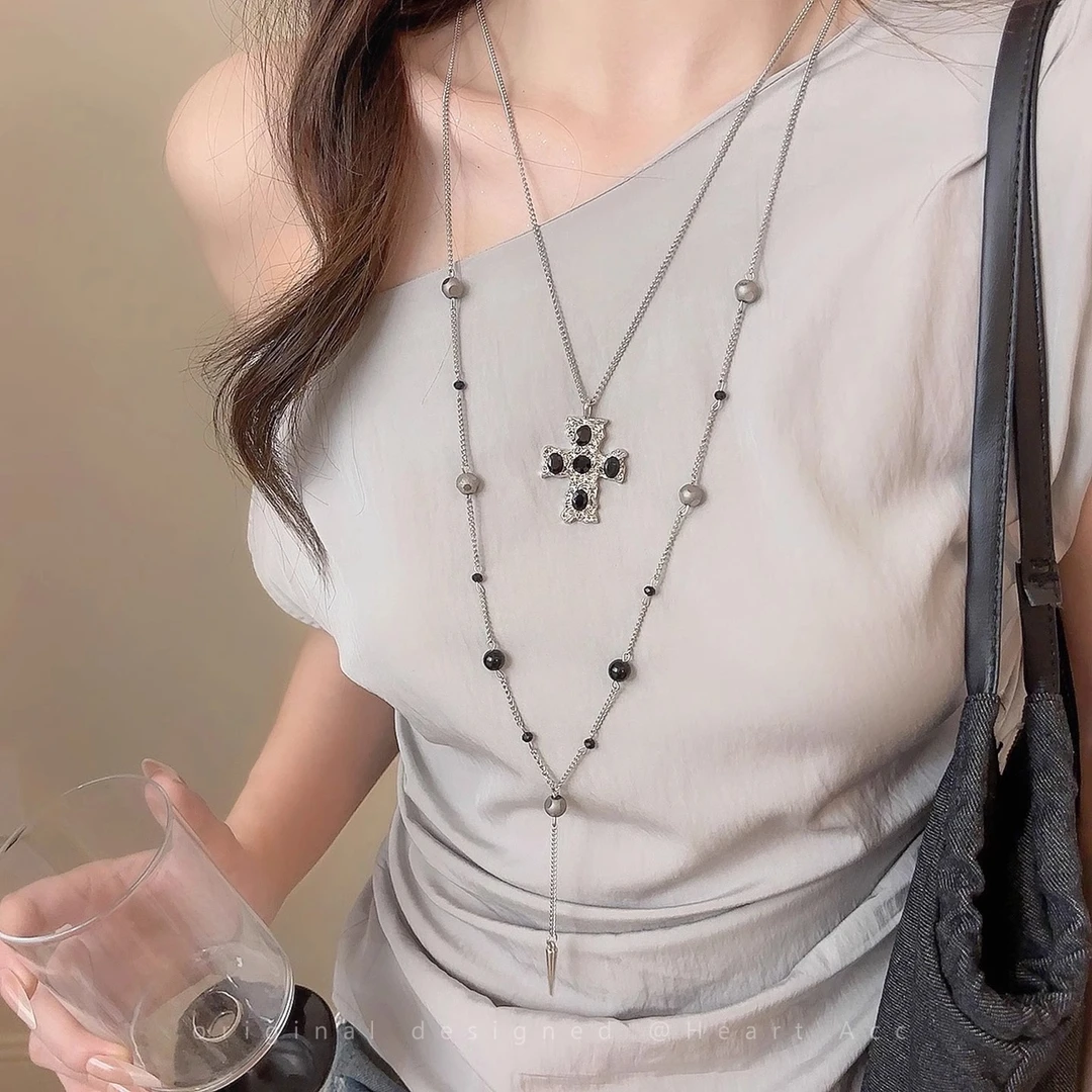 铜合成锆石项链 暗黑甜酷双层叠戴十字架项链女辣妹风锁骨链小众