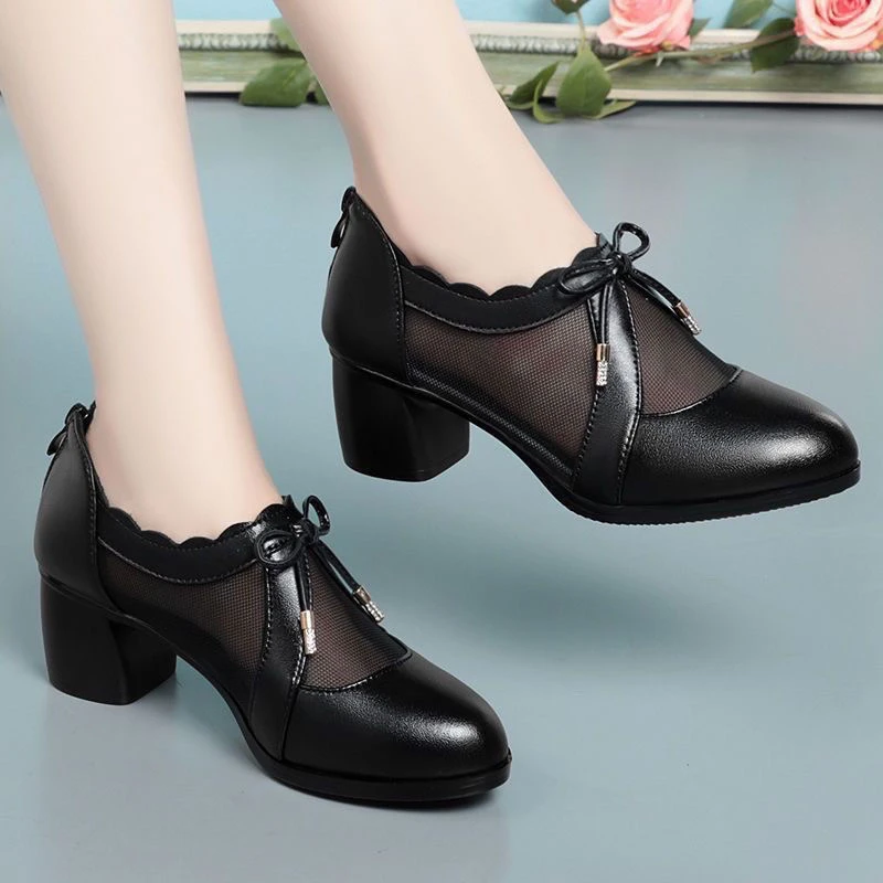 真软皮网纱单鞋女春夏季中跟粗跟镂空凉鞋百搭透气中年妈妈鞋深口