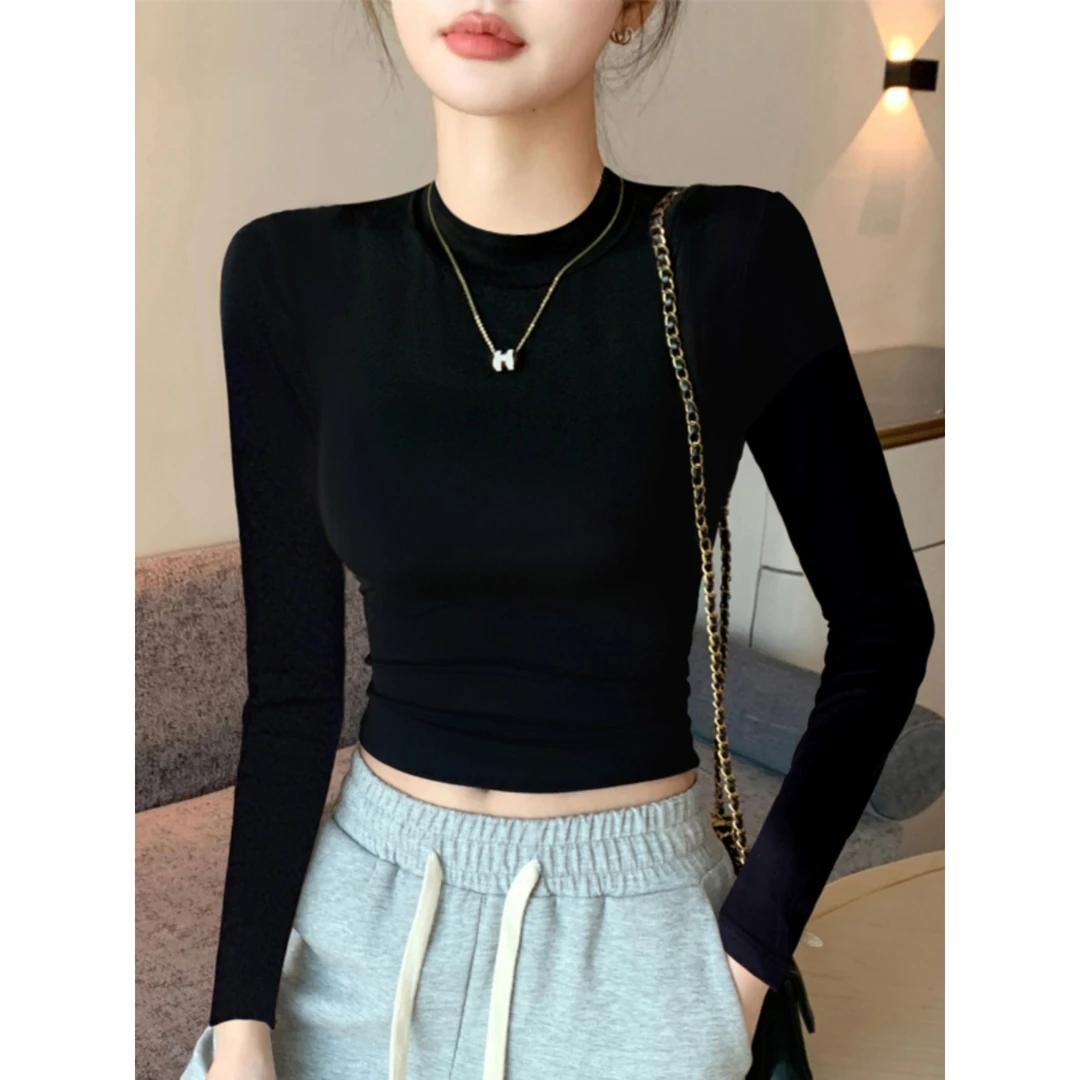 黑色小高领打底衫女秋冬短款内搭2025长袖棉质修身露脐中领上衣潮