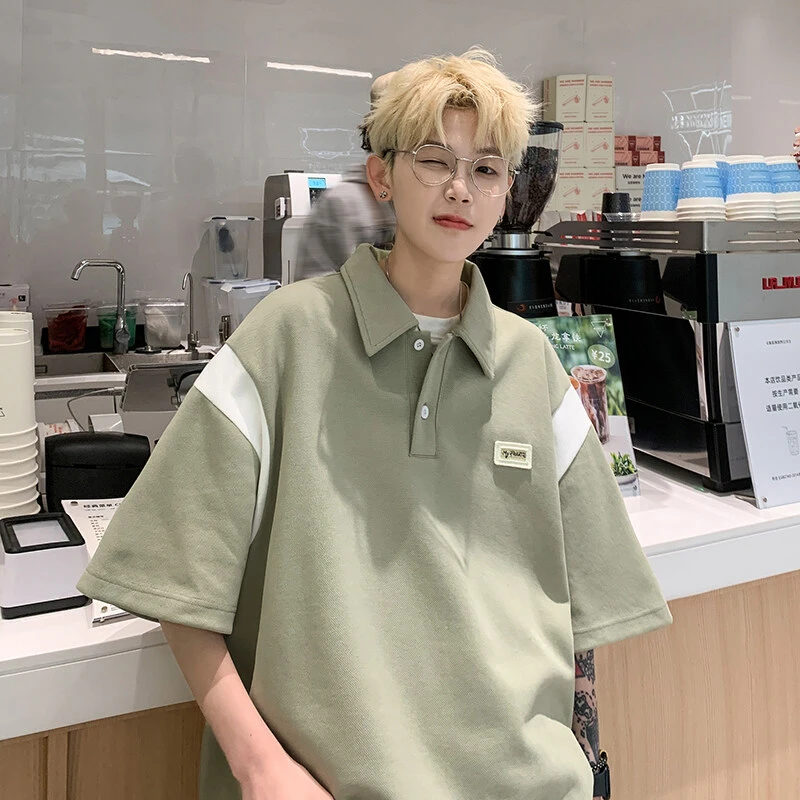 拼色polo领重磅短袖t恤男款夏季日系复古潮牌宽松五分半袖体恤衫