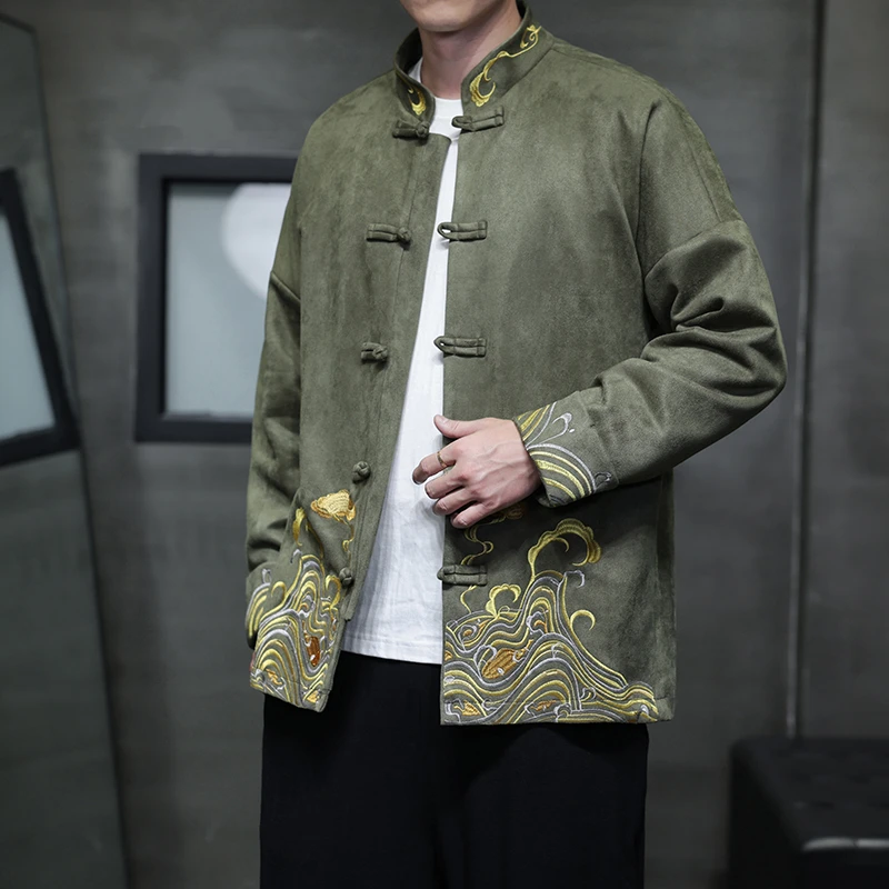 中国风秋冬刺绣休闲休闲唐装外套男士宽松大码圆领中山装夹克茶服