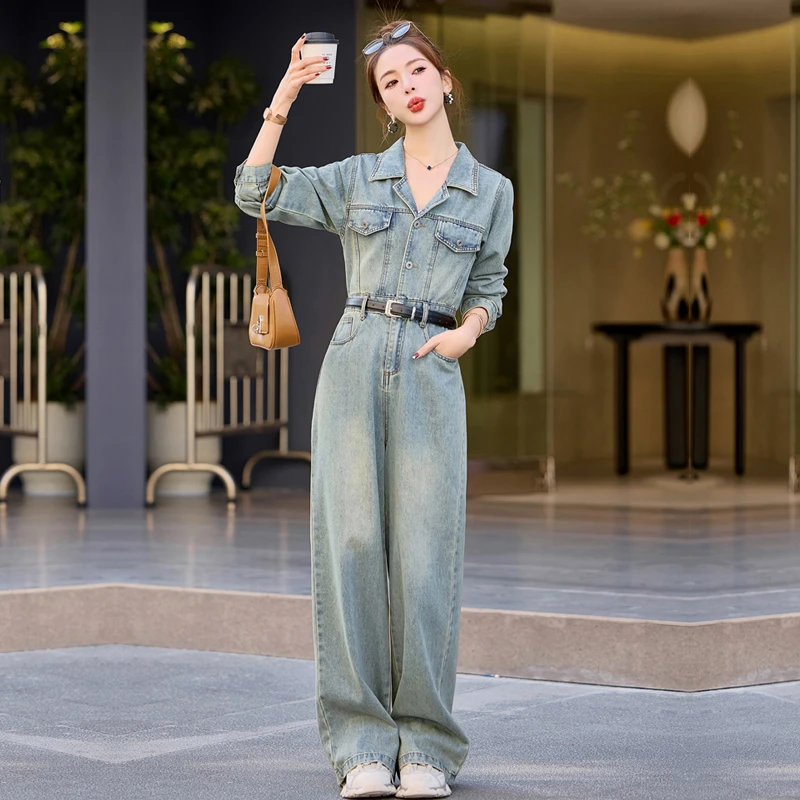 复古水洗牛仔连体裤套装时尚气质春秋装新款高端欧货西装领阔腿裤