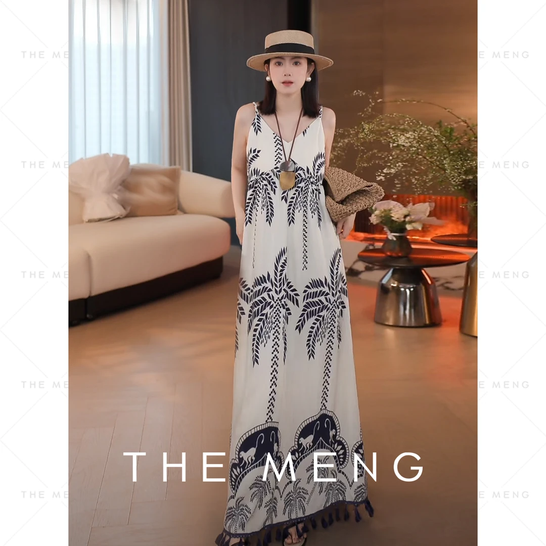 THE MENG【椰树】印花优雅休闲显瘦通勤吊带连衣裙#M252G0087