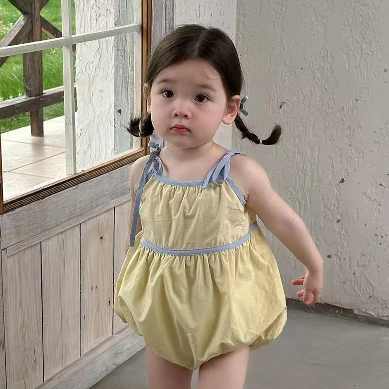 柠檬-夏季婴童奶黄配色吊带蝴蝶结哈衣单层爬服三角包屁衣女宝宝