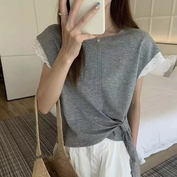 2025新款夏装蕾丝拼接小飞短袖T恤女不规则绑带收腰显瘦独特上衣