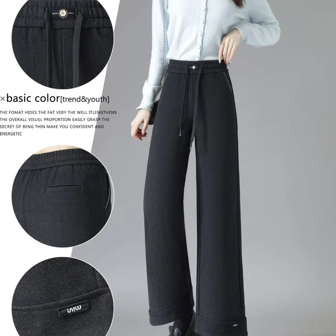 21秋冬羊绒一体绒抽绳橡筋腰显瘦显腿长直筒裤