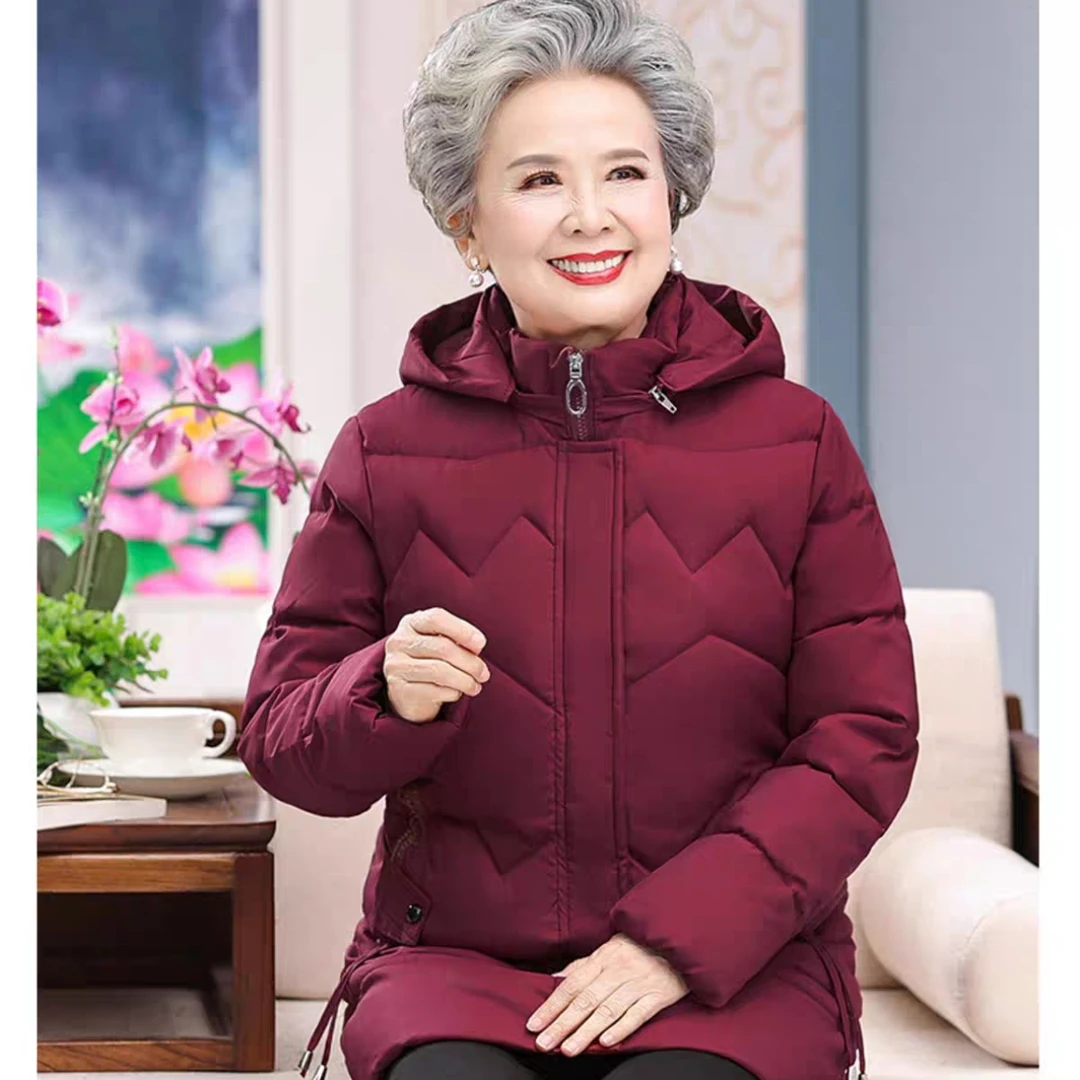 11736-红 冬装棉服女中长款新款外套棉衣中老年人连帽棉袄