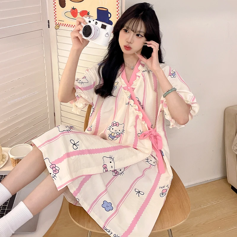 夏季睡衣女款爆款2025新款睡裙睡袍可爱系带宽松短袖家居服可外穿